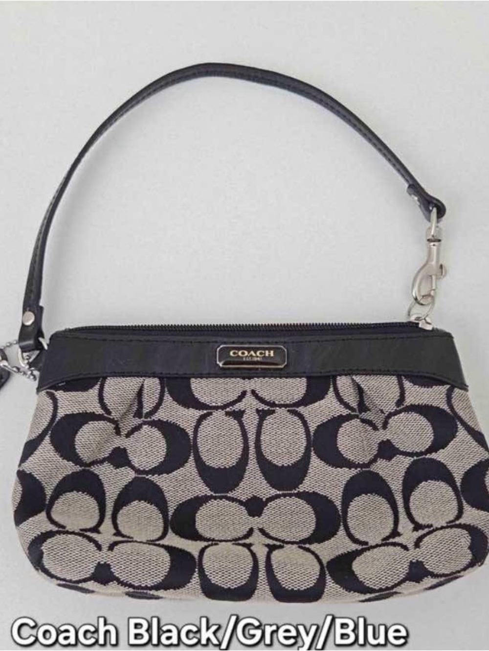 Coach Black and Grey Signature Logo Wristlet with Leather Trim